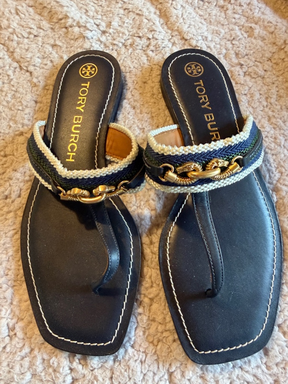 Tory Burch Navy Leather Thong Sandals with Gold Chain Accent
